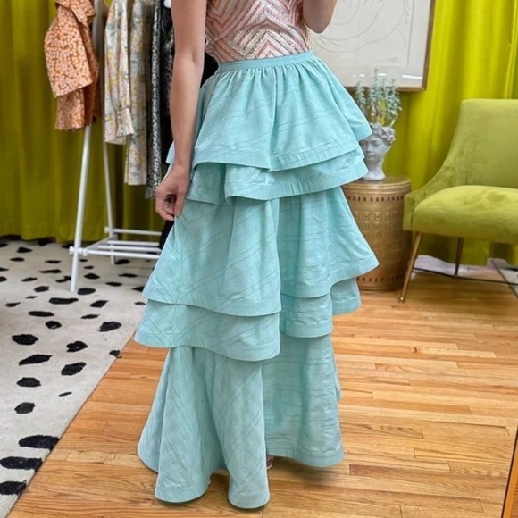 BURU Dresses & Skirts - Buru NWT Teagan Tiered Ruffle Stripe Full Length Pocketed A-Line Maxi Skirt Aqua
